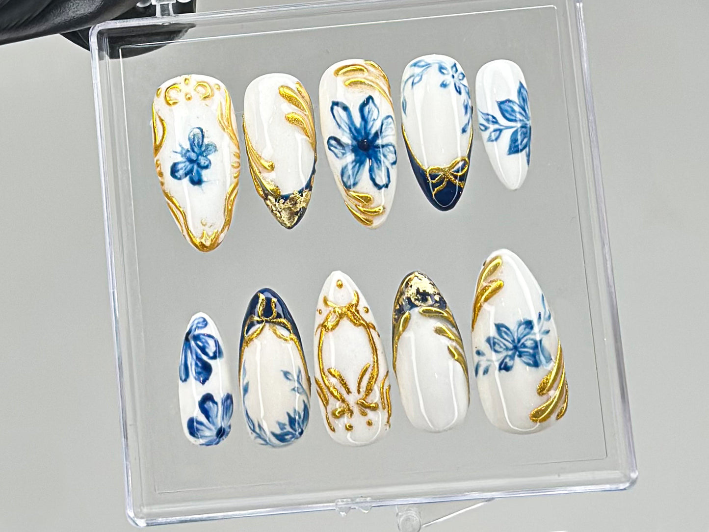 Sophisticated Blue Floral Press On Nails | Chic White & Gold On Fake Nails | Edgy Chrome Nails, Holiday Nails | nails press on | HD560TV