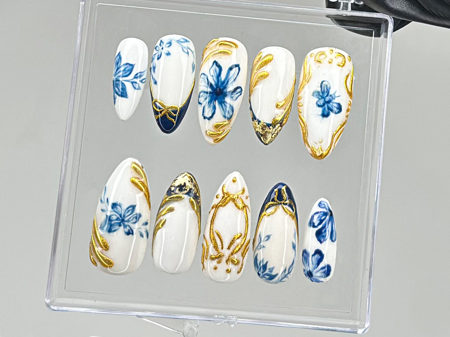 Sophisticated Blue Floral Press On Nails | Chic White & Gold On Fake Nails | Edgy Chrome Nails, Holiday Nails | nails press on | HD560TV