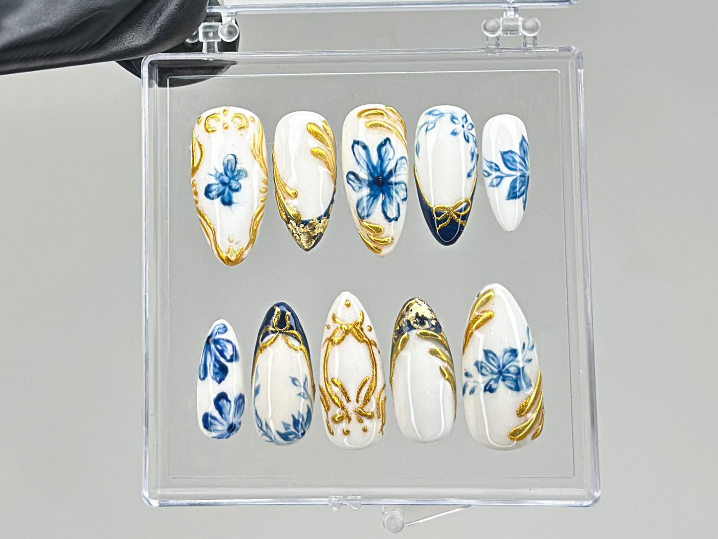 Sophisticated Blue Floral Press On Nails | Chic White & Gold On Fake Nails | Edgy Chrome Nails, Holiday Nails | nails press on | HD560TV