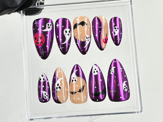 Purple Halloween Press On Nails | Ghost & Pumpkin Nail Art | | Purple Chrome Press Ons | Luxury Fake Nails | Gifts for her | HD581TK