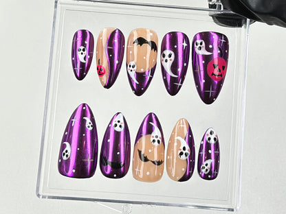 Purple Halloween Press On Nails | Ghost & Pumpkin Nail Art | | Purple Chrome Press Ons | Luxury Fake Nails | Gifts for her | HD581TK