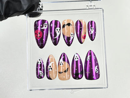 Purple Halloween Press On Nails | Ghost & Pumpkin Nail Art | | Purple Chrome Press Ons | Luxury Fake Nails | Gifts for her | HD581TK