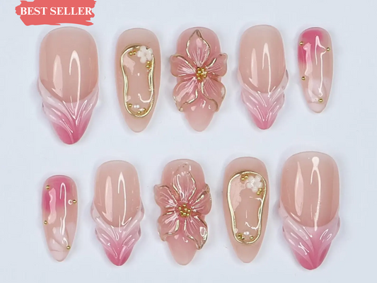 Blush Bloom Elegance Press On Nails | 3D Floral Accents & Gold Details & Pink Ombre Press Ons | Wedding Nails | JC962H