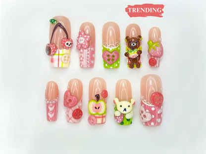Kawaii Bear Candy Press On Nails | 3D Cute Apple Cherry Nail Art | Pastel Pink Green Y2K Vibes | Cartoon Dessert-Inspired Nails | JB986EC