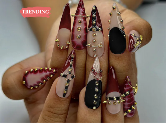 Gothic Punk Press On Nails | Red Marble & Studded Spiked Nail Art | Handmade Long Stiletto Nails | HC993EP