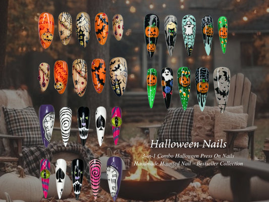 Combo Creepy Cute Halloween Nails | 3D Pumpkin, Ghost & Spider Web Nail Art | Handmade Haunted Press On Set | Gothic Long Stiletto Nails | Bestseller Spooky Design