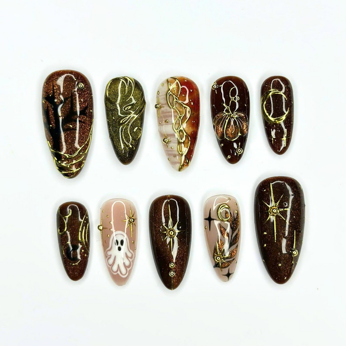 Halloween Press On Nails, Spooky Ghost Nail Art, Brown Gold Witchy Nails, Dark Celestial 3D Nails, Mystical Fall Nails, OC670UC