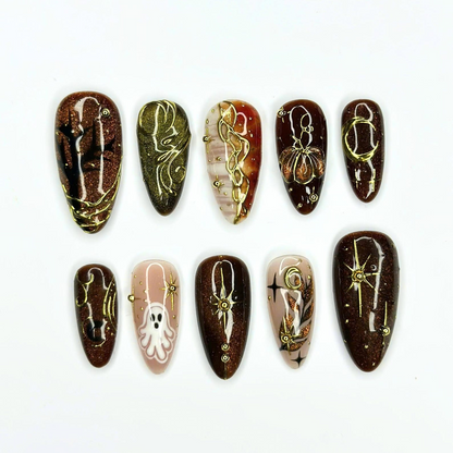 Halloween Press On Nails, Spooky Ghost Nail Art, Brown Gold Witchy Nails, Dark Celestial 3D Nails, Mystical Fall Nails, OC670UC