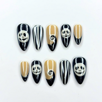 Halloween Press On Nails, Skeleton Face Nails, Black White Striped Nails, Spooky Almond Press Ons, Halloween Nail Art , OC673UI