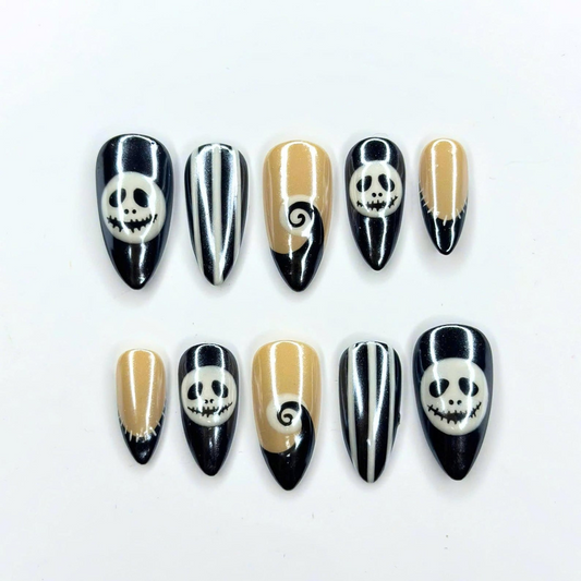 Halloween Press On Nails, Skeleton Face Nails, Black White Striped Nails, Spooky Almond Press Ons, Halloween Nail Art , OC673UI