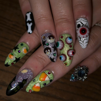 Halloween Press On Nails | 3D Eyeball & Ghost Nail Art | Neon Green Spooky Nails | Pumpkin Spider Web Maximalist Press Ons | OB686UC