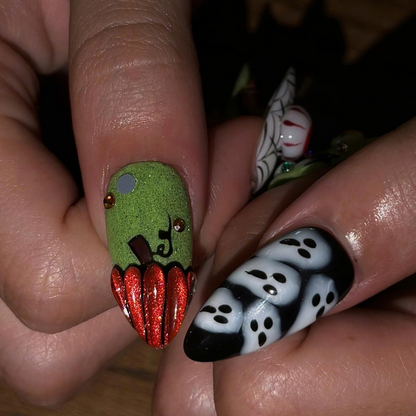 Halloween Press On Nails | 3D Eyeball & Ghost Nail Art | Neon Green Spooky Nails | Pumpkin Spider Web Maximalist Press Ons | OB686UC