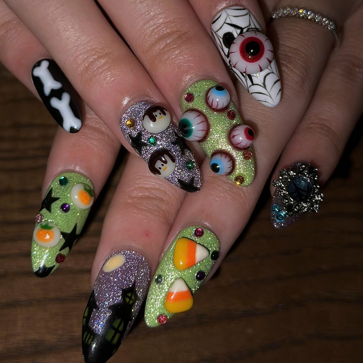 Halloween Press On Nails | 3D Eyeball & Ghost Nail Art | Neon Green Spooky Nails | Pumpkin Spider Web Maximalist Press Ons | OB686UC