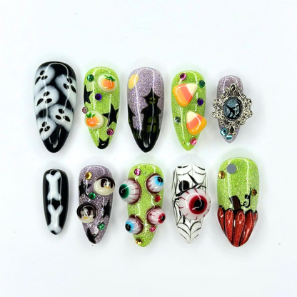 Halloween Press On Nails | 3D Eyeball & Ghost Nail Art | Neon Green Spooky Nails | Pumpkin Spider Web Maximalist Press Ons | OB686UC