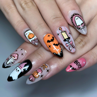 Halloween Press On Nails | Cute Ghost Pumpkin Nails | Witch Hat & Bat Nail Art | Spooky Orange Pink Nails | Handmade Press Ons | OC683UG