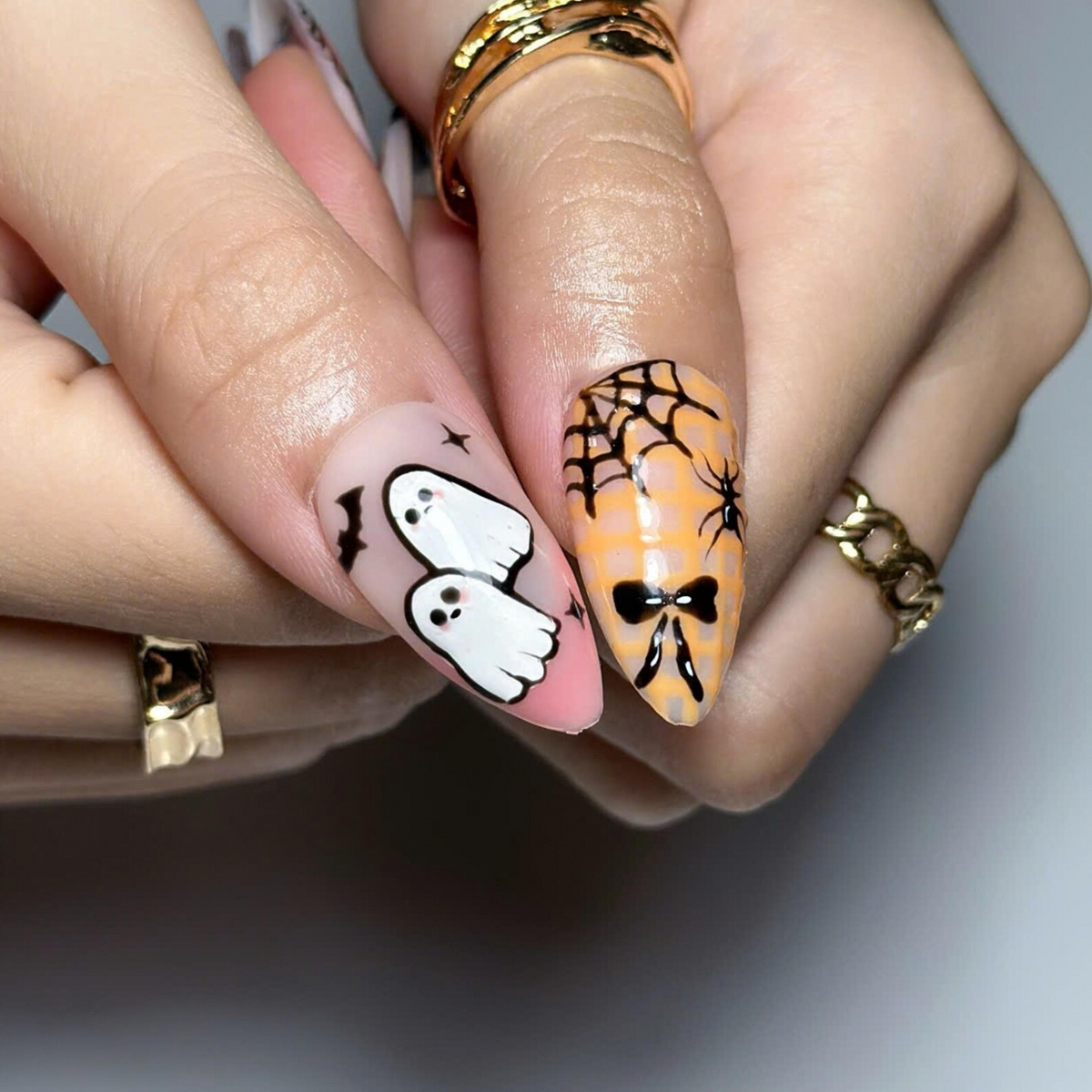Halloween Press On Nails | Cute Ghost Pumpkin Nails | Witch Hat & Bat Nail Art | Spooky Orange Pink Nails | Handmade Press Ons | OC683UG