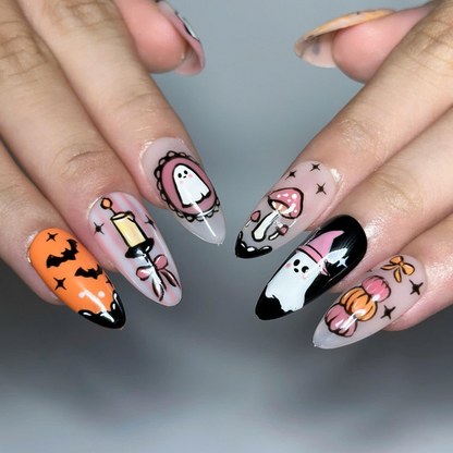 Halloween Press On Nails | Cute Ghost Pumpkin Nails | Witch Hat & Bat Nail Art | Spooky Orange Pink Nails | Handmade Press Ons | OC683UG