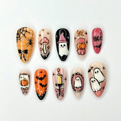 Halloween Press On Nails | Cute Ghost Pumpkin Nails | Witch Hat & Bat Nail Art | Spooky Orange Pink Nails | Handmade Press Ons | OC683UG