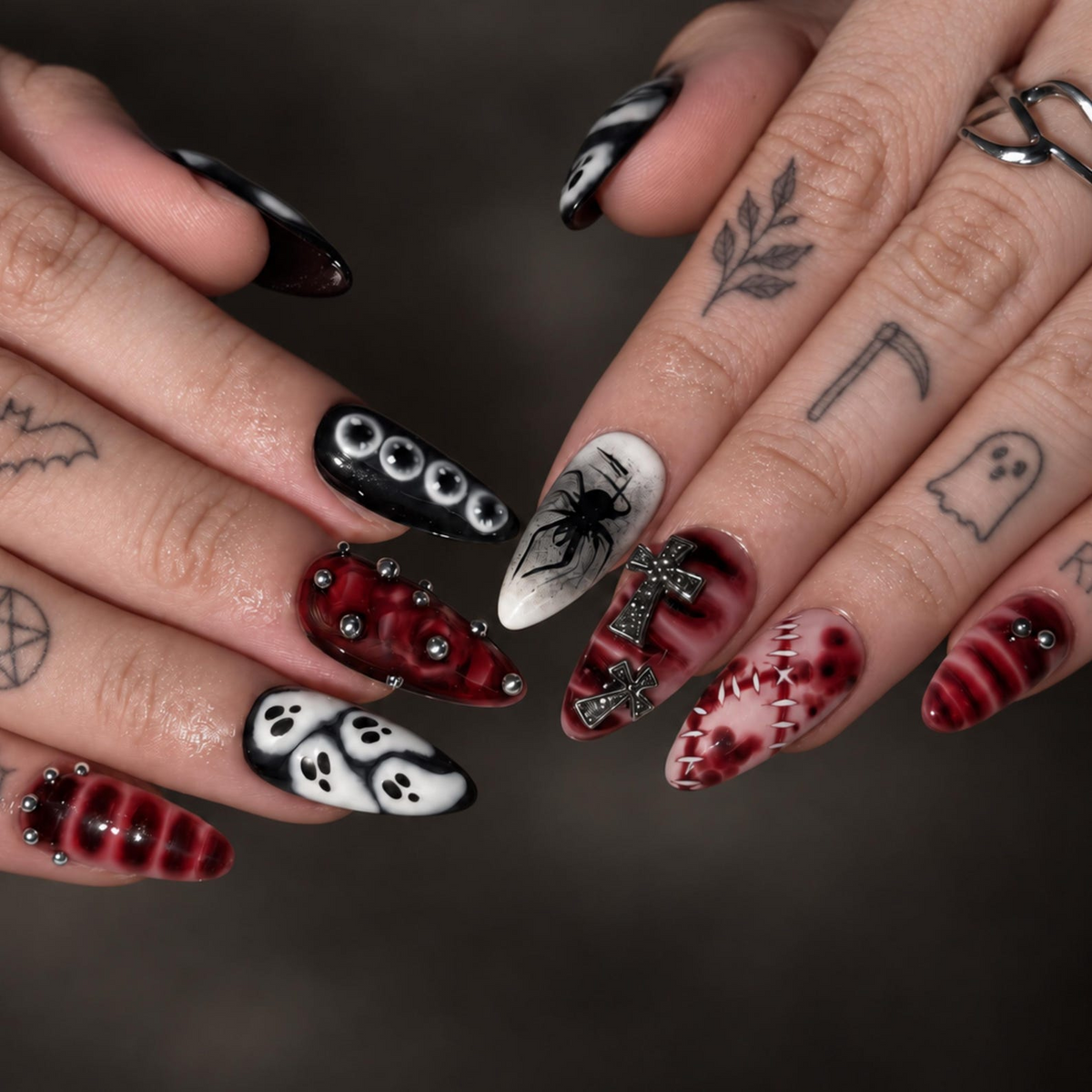 Halloween Press On Nails | Ghost Spider Web Nails | Red Black Gothic Cross | Spooky 3D Nail Art | OB680UC