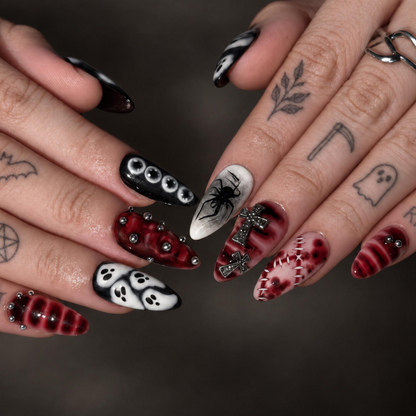 Halloween Press On Nails | Ghost Spider Web Nails | Red Black Gothic Cross | Spooky 3D Nail Art | OB680UC