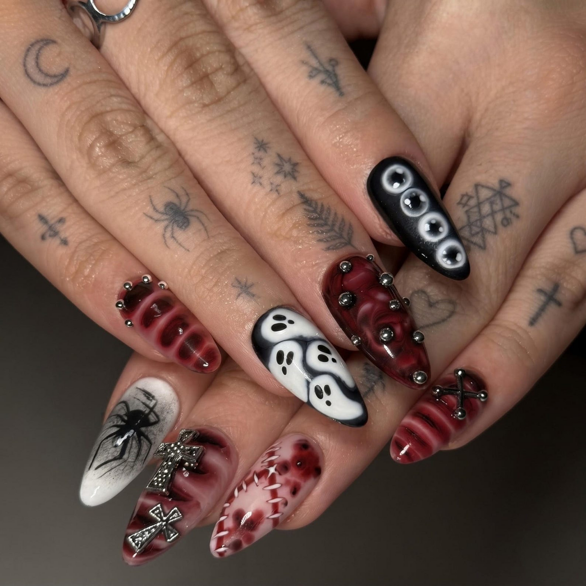Halloween Press On Nails | Ghost Spider Web Nails | Red Black Gothic Cross | Spooky 3D Nail Art | OB680UC