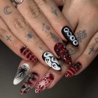 Halloween Press On Nails | Ghost Spider Web Nails | Red Black Gothic Cross | Spooky 3D Nail Art | OB680UC