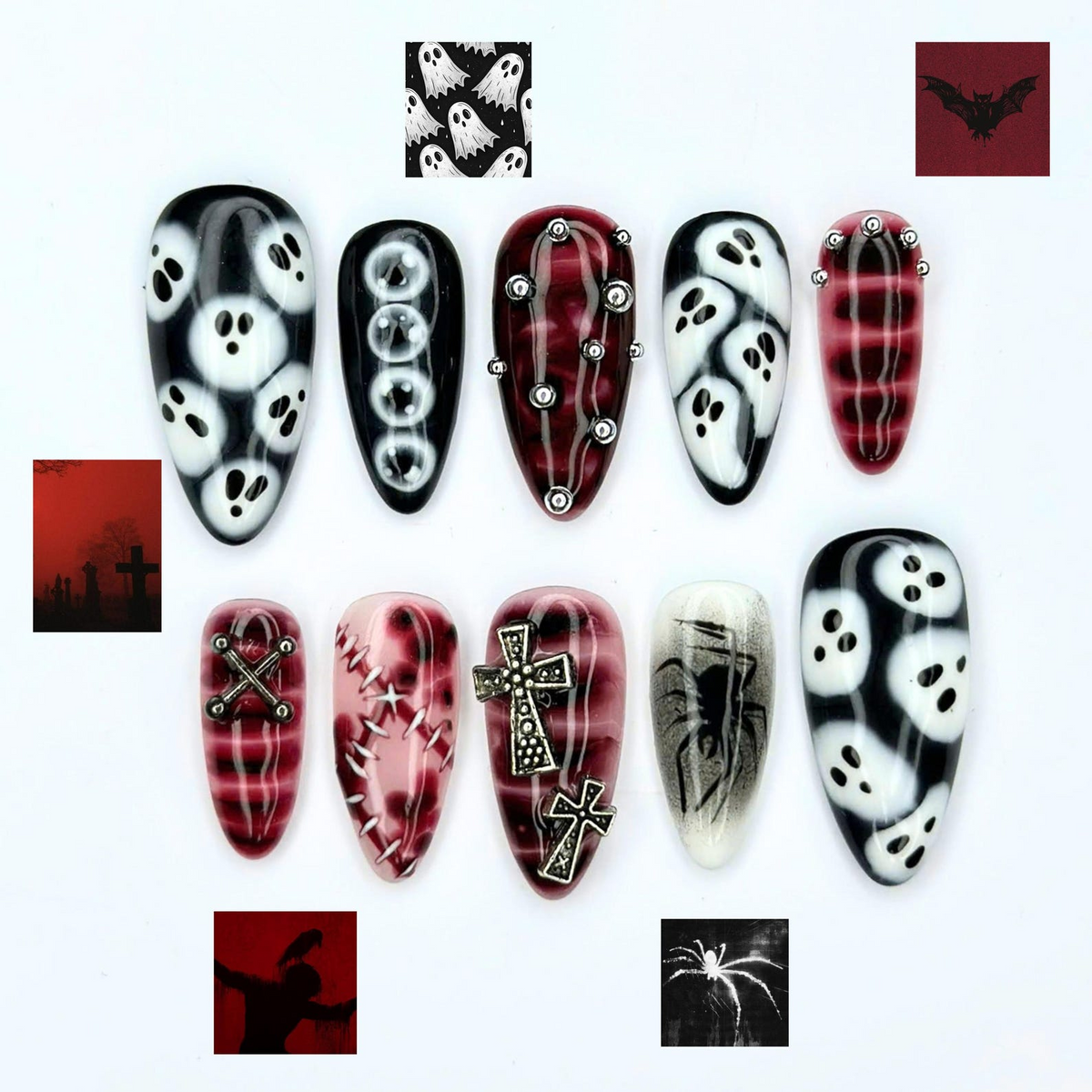 Halloween Press On Nails | Ghost Spider Web Nails | Red Black Gothic Cross | Spooky 3D Nail Art | OB680UC