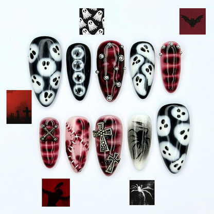 Halloween Press On Nails | Ghost Spider Web Nails | Red Black Gothic Cross | Spooky 3D Nail Art | OB680UC