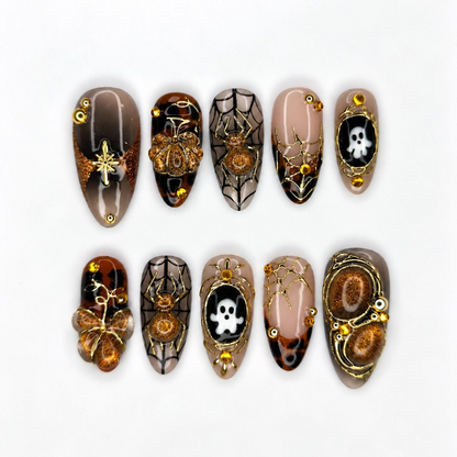 Halloween Press On Nails, Gothic Spider Web Nails, 3D Ghost Nails, Gold Chrome Luxury Nails, Handmade Halloween Nail Set | OB667WC