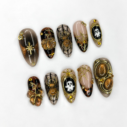 Halloween Press On Nails, Gothic Spider Web Nails, 3D Ghost Nails, Gold Chrome Luxury Nails, Handmade Halloween Nail Set | OB667WC