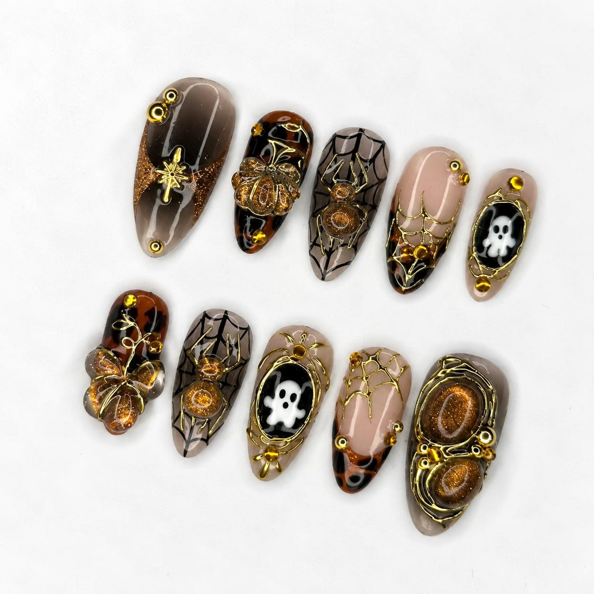Halloween Press On Nails, Gothic Spider Web Nails, 3D Ghost Nails, Gold Chrome Luxury Nails, Handmade Halloween Nail Set | OB667WC
