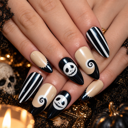 Halloween Press On Nails, Skeleton Face Nails, Black White Striped Nails, Spooky Almond Press Ons, Halloween Nail Art , OC673UI