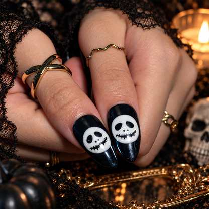 Halloween Press On Nails, Skeleton Face Nails, Black White Striped Nails, Spooky Almond Press Ons, Halloween Nail Art , OC673UI
