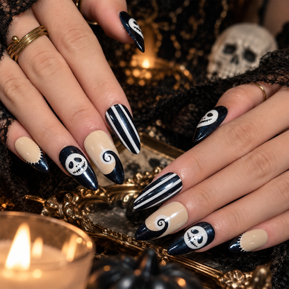 Halloween Press On Nails, Skeleton Face Nails, Black White Striped Nails, Spooky Almond Press Ons, Halloween Nail Art , OC673UI