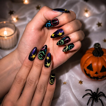 Halloween Press On Nails with Colorful Ghost Art , Purple Galaxy Star Stiletto Nails . Spooky Cute Fake Nails for Halloween Party • OB1399WG
