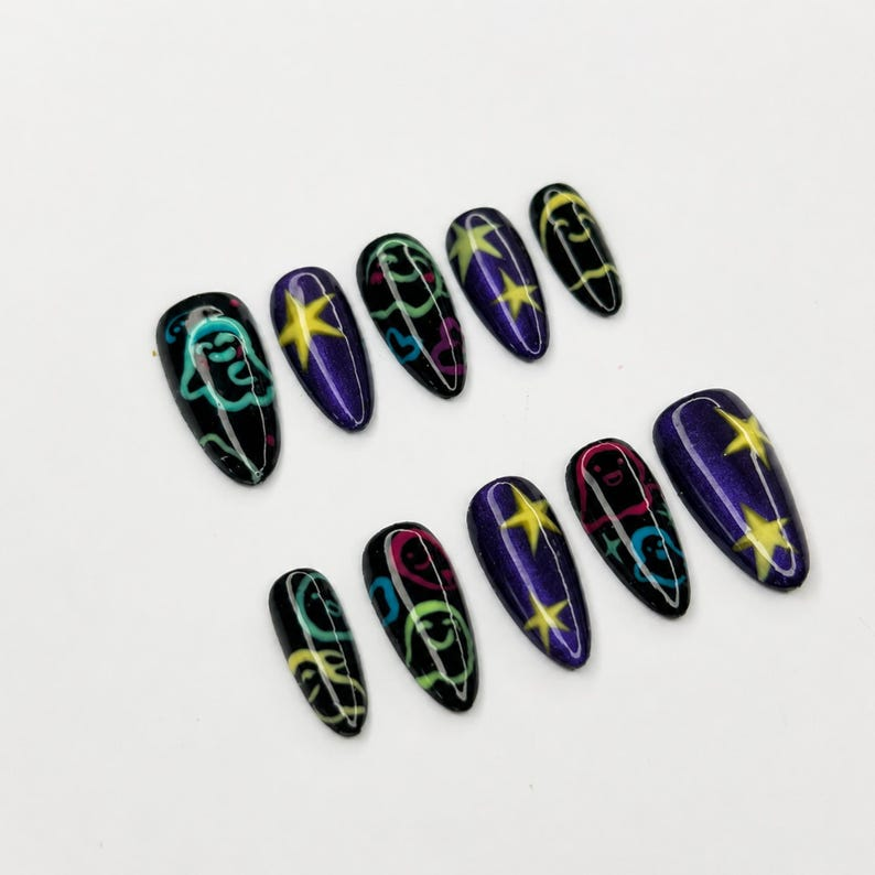 Halloween Press On Nails with Colorful Ghost Art , Purple Galaxy Star Stiletto Nails . Spooky Cute Fake Nails for Halloween Party • OB1399WG
