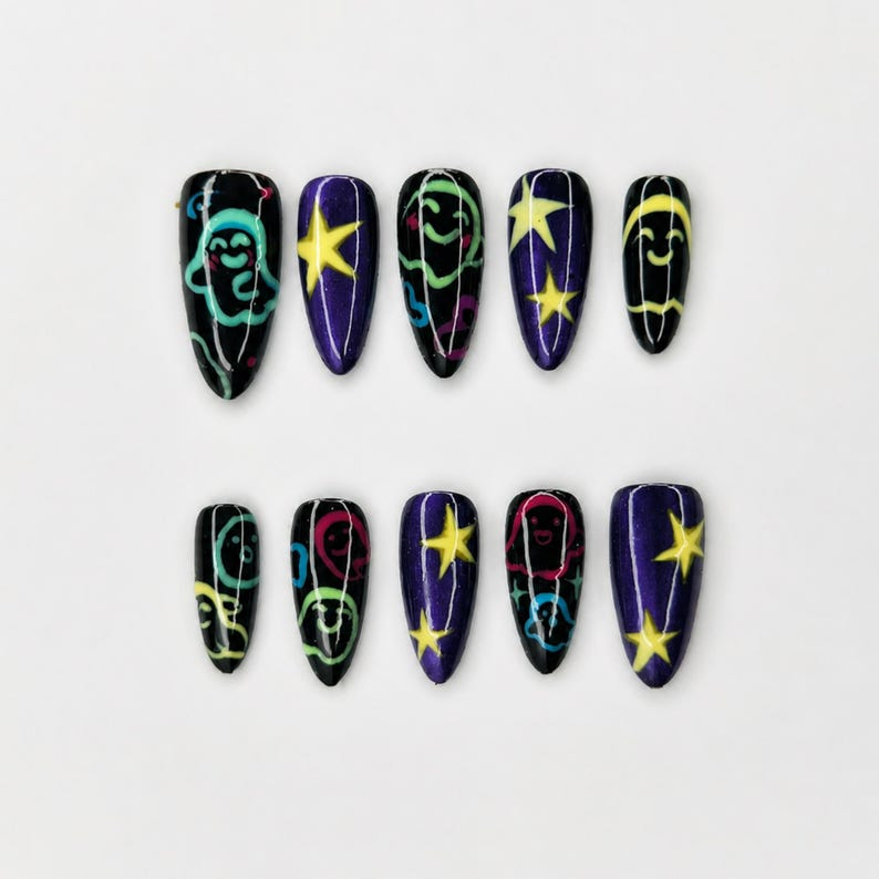 Halloween Press On Nails with Colorful Ghost Art , Purple Galaxy Star Stiletto Nails . Spooky Cute Fake Nails for Halloween Party • OB1399WG
