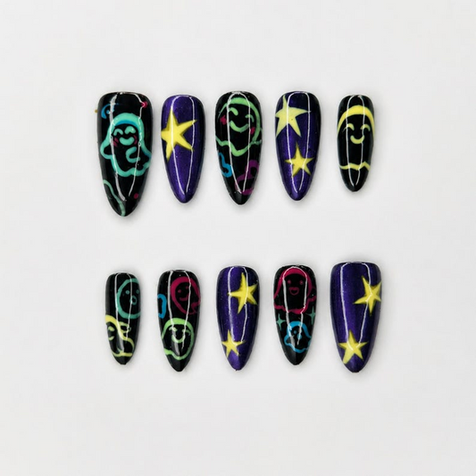 Halloween Press On Nails with Colorful Ghost Art , Purple Galaxy Star Stiletto Nails . Spooky Cute Fake Nails for Halloween Party • OB1399WG