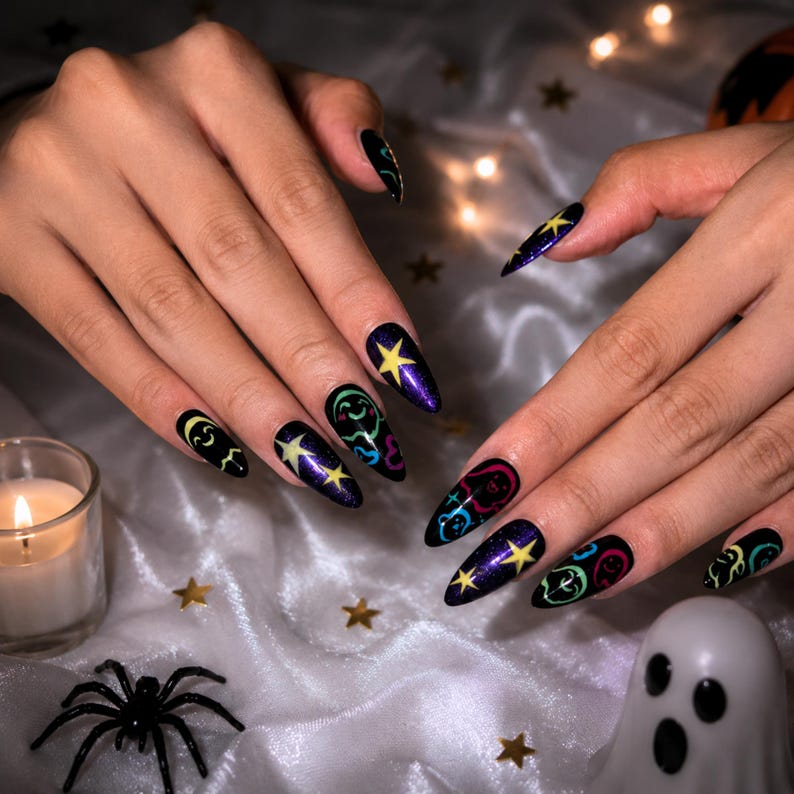 Halloween Press On Nails with Colorful Ghost Art , Purple Galaxy Star Stiletto Nails . Spooky Cute Fake Nails for Halloween Party • OB1399WG