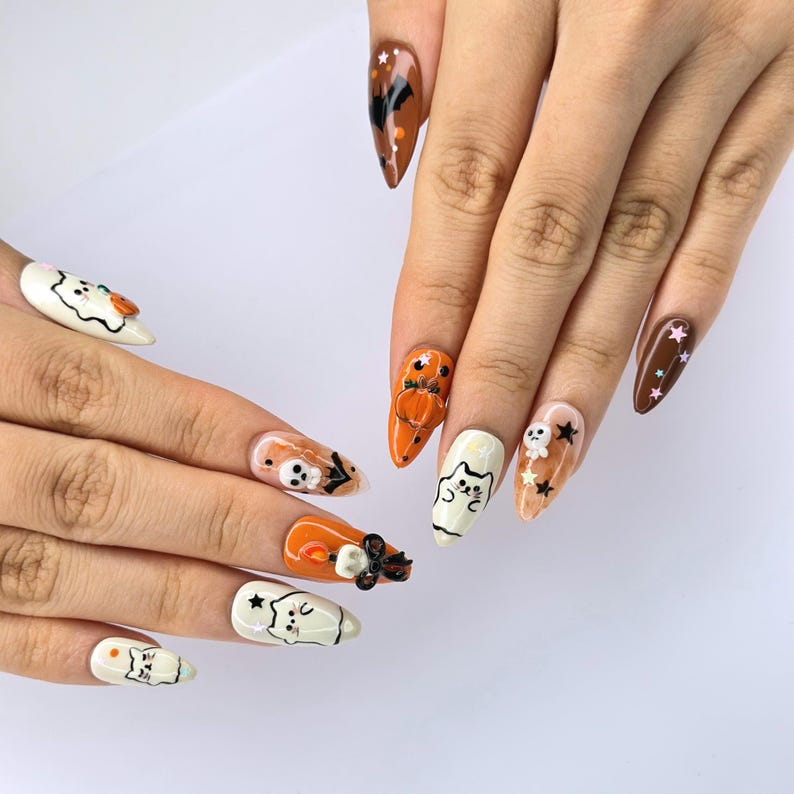Halloween Press On Nails with Cute Ghost Cat , 3D Pumpkin Nail Art , Handmade Fall Nails for Halloween Party , Press On Nails set | OB472W