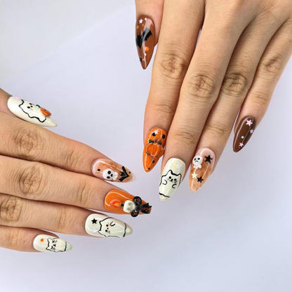 Halloween Press On Nails with Cute Ghost Cat , 3D Pumpkin Nail Art , Handmade Fall Nails for Halloween Party , Press On Nails set | OB472W