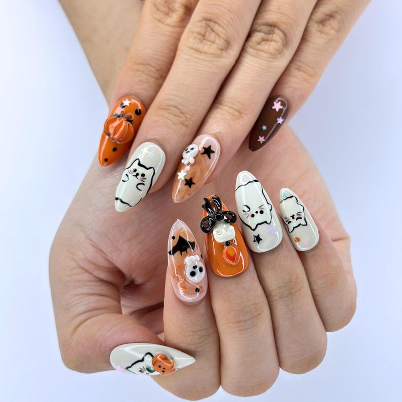 Halloween Press On Nails with Cute Ghost Cat , 3D Pumpkin Nail Art , Handmade Fall Nails for Halloween Party , Press On Nails set | OB472W