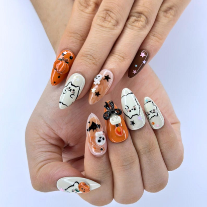 Halloween Press On Nails with Cute Ghost Cat , 3D Pumpkin Nail Art , Handmade Fall Nails for Halloween Party , Press On Nails set | OB472W