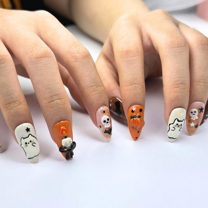 Halloween Press On Nails with Cute Ghost Cat , 3D Pumpkin Nail Art , Handmade Fall Nails for Halloween Party , Press On Nails set | OB472W