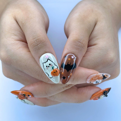 Halloween Press On Nails with Cute Ghost Cat , 3D Pumpkin Nail Art , Handmade Fall Nails for Halloween Party , Press On Nails set | OB472W