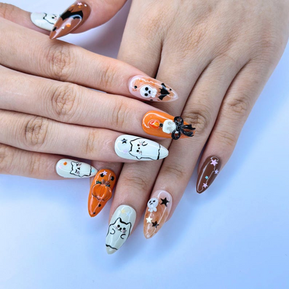 Halloween Press On Nails with Cute Ghost Cat , 3D Pumpkin Nail Art , Handmade Fall Nails for Halloween Party , Press On Nails set | OB472W
