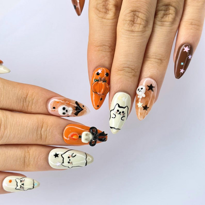Halloween Press On Nails with Cute Ghost Cat , 3D Pumpkin Nail Art , Handmade Fall Nails for Halloween Party , Press On Nails set | OB472W