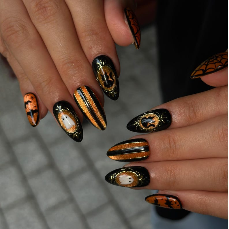 Halloween Press On Nails with Cute Ghost | Black Orange Bat Nail Art | Handmade Spooky Nails for Halloween Party | OB505WC