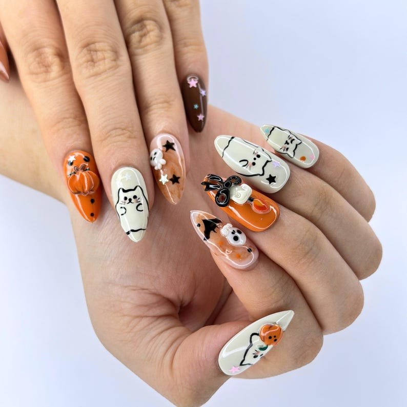 Halloween Press On Nails with Cute Ghost Cat , 3D Pumpkin Nail Art , Handmade Fall Nails for Halloween Party , Press On Nails set | OB472W