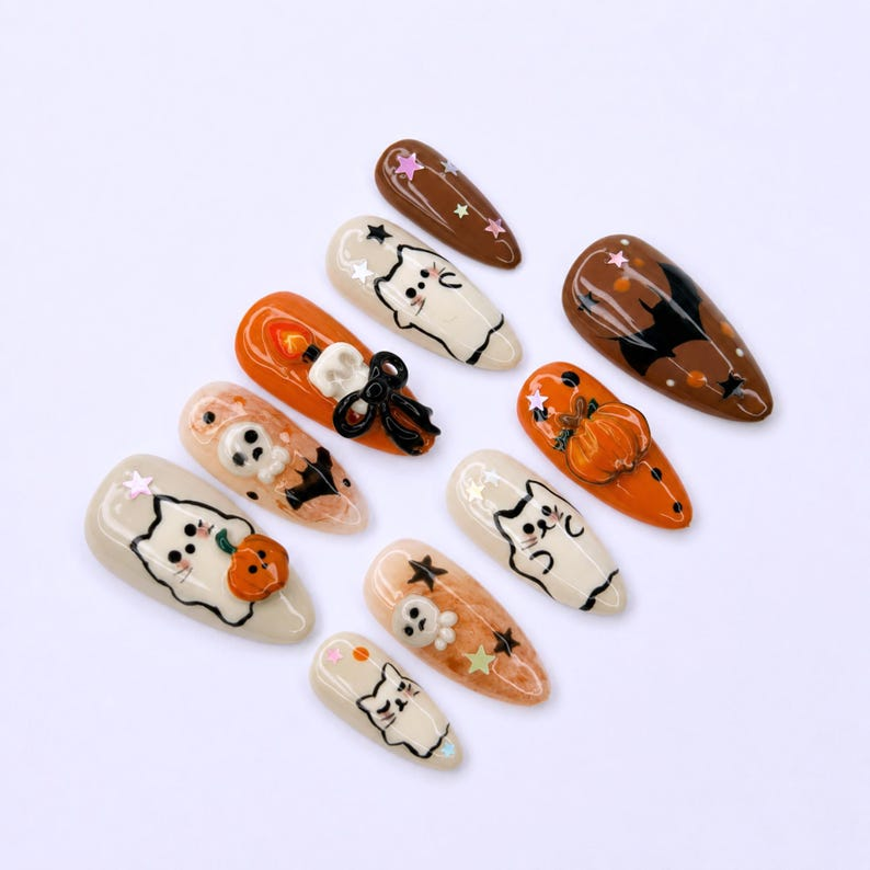 Halloween Press On Nails with Cute Ghost Cat , 3D Pumpkin Nail Art , Handmade Fall Nails for Halloween Party , Press On Nails set | OB472W